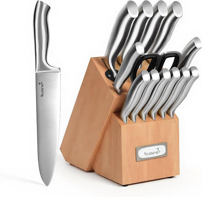 KUISINE Upgraded Sharp Chef Knife Set with block, One piece Molding High Carbon Stainless Steel Forged,Ergonomic Non-slip Handle Knife Block Set with built-in Sharpener(Silver Natural,15PCS)