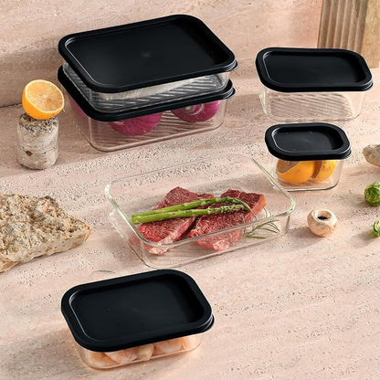 EATEX Grooved Base Glass Meal Prep Containers, 7 Pack Glass Food Storage Containers with Lids for Meal Prep & Lunch, Microwave Oven Freezer Dishwasher Safe, Anti Moisture Non-Stick Design - Black