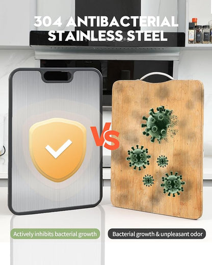 Stainless Steel Cutting Board for Kitchen, Non Toxic Double Sided Cutting Board, Food Grade Pure Stainless Steel & Wheat Straw PP, Meat & Vegetable Chopping Boards, Scratch Resistant, Large 16”×11”