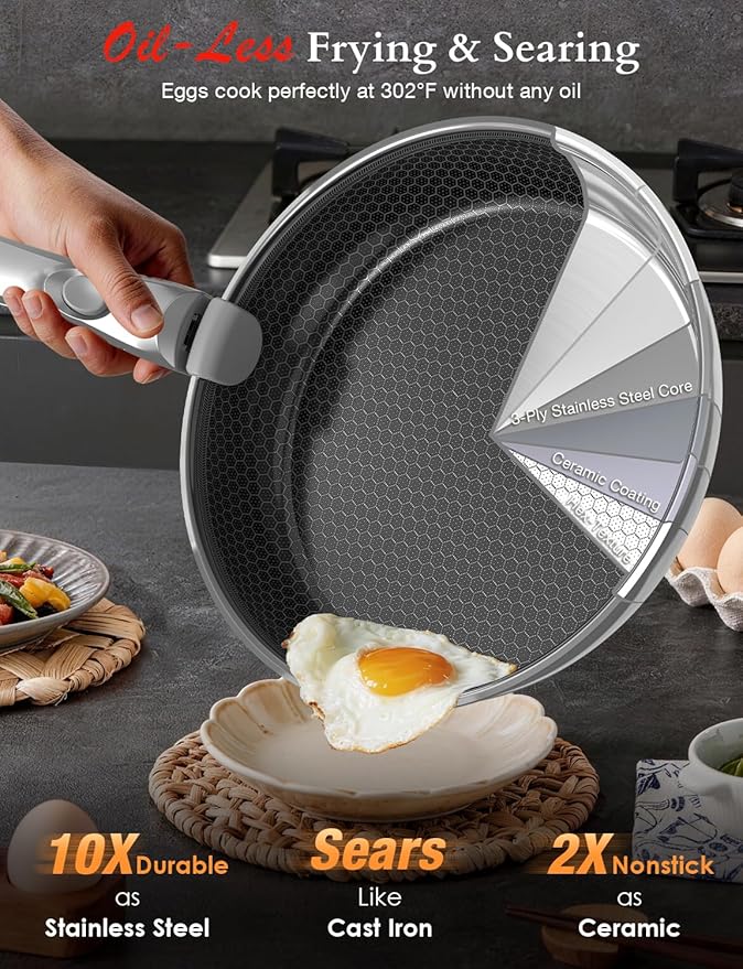 Pro DUXANO 12PC Nonstick Pots and Pans Set&Hybrid 3-Ply Stainless Steel Skillet, High Heat Sear&Fry, 2-Layer Ceramic Induction Cookware, 9H Scratch-Resistant&Anti-Warp,PFAS Free,All Cooktop/Dishwasher