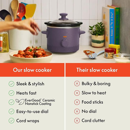 bella 1.5 Qt Slow Cooker with 3 Heat Manual Control, Ceramic Nonstick Coating, Dishwasher Safe Stoneware Pot and Tempered Glass Lid, Tangle Free Cord Wrap & Cool Touch Handles, Plum
