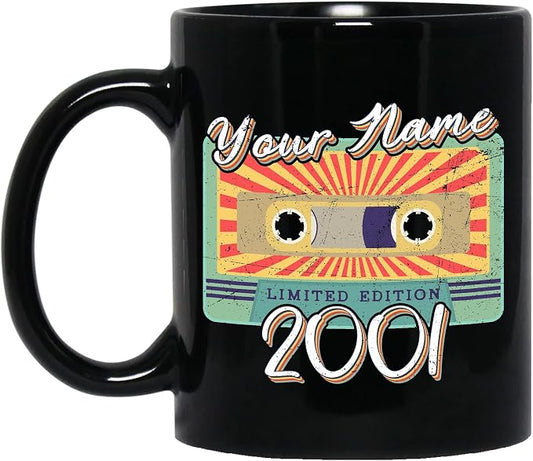 Personalized Vintage Cassette Tape Vintage 2001 Mug, Custom Your Name, 2001 Retro Coffee Mug, 21st Birthday Present Gifts, 2001 Birthday Gift For Friends Family, Customizable Black Tea Cups