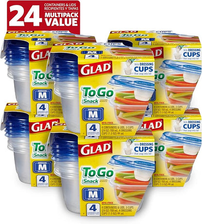 Glad GladWare To Go Snack Food Storage Containers with Lids, Medium Rectangle No BPA Plastic with Built-In Dressing Cup for Salads and Snacks, Microwave Dishwasher Safe, 24 Oz, 4 Count - 6 Pack