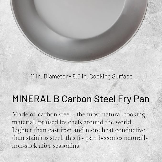 de Buyer MINERAL B Carbon Steel Fry Pan - 11” Diameter, 8.3” Cooking Surface - Ideal for Searing, Sauteing & Reheating - Naturally Non-Stick Finish - Made in France