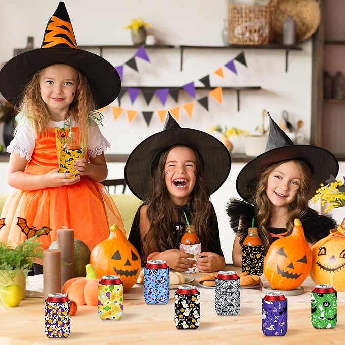 Halloween Can Cooler Sleeves, 18pcs Halloween 12 oz Cold Drinks Beer Drink Can Bottle Cooler Sleeves for Halloween Party Favors Decorations Supplies