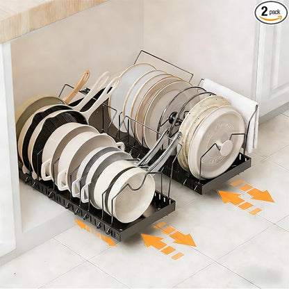 DTUQYX Pull Out Pot and Pan Organizer - 2 Pack Pots and Pans Organizer Under Cabinet Expandable Kitchen Pot Lid No Drill with 20 Adjustable Dividers and Towel Bar（Black,16.53-21.25in）