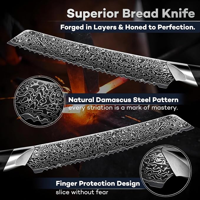 DRAGON RIOT 8 Inch Bread Knife with Damascus Pattern, VG10 Steel Core, High Carbon Stainless Steel Serrated Blade, Ergonomic Curved Handle, Easy to Clean, Kitchen & Baking Gift
