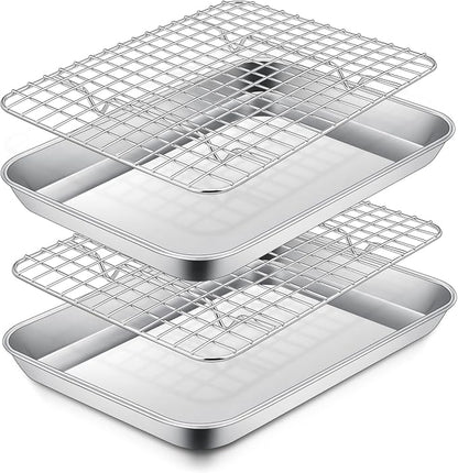 P&P CHEF 9 Inch Toaster Oven Pan with Rack Set, Stainless Steel Baking Pan Tray and Grid Cooling Rack for Cooking/Roasting, Dishwasher Safe & Easy to Clean, Non-toxic & Sturdy, (4Pcs)