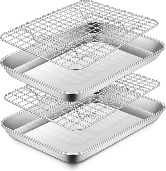 P&P CHEF 9 Inch Toaster Oven Pan with Rack Set, Stainless Steel Baking Pan Tray and Grid Cooling Rack for Cooking/Roasting, Dishwasher Safe & Easy to Clean, Non-toxic & Sturdy, (4Pcs)
