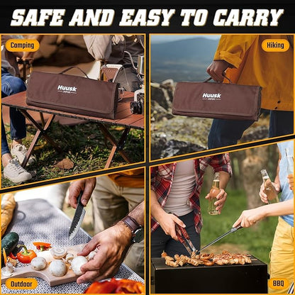 Huusk Butcher Knife Set 7 PCS - Japanese Chef Knife Set with Sharpening Rod, Kitchen Scissors & Portable Roll Bag, Hand Forged Cooking Knives for BBQ Camping Kitchen, Gifts for Men Women