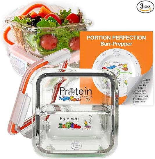Portion Perfection Bariatric Must Haves / 3 Pk Bariatric Meal Prep Containers Reusable Glass Portion Control Container | Gastric Sleeve Must Haves | Bari Preppers