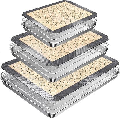 Stainless Steel Baking Sheet Tray Cooling Rack with Silicone Baking Mat Set, 9/12/16 Inch Cookie Sheet Baking Pan with Wire Rack Set, Set of 9 (3 Sheets + 3 Racks + 3 Mats), Heavy Duty & Rust Proof