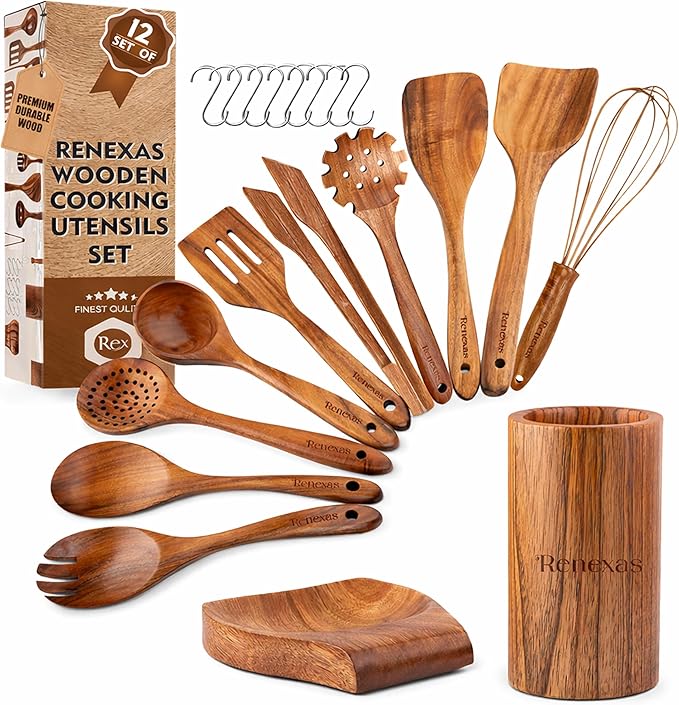 12-Piece Teak Wooden Kitchen Utensil Set – Nonstick Safe Cooking Spoons & Spatulas, Heat Resistant, Durable Natural Wood, Comfortable Grip Handles