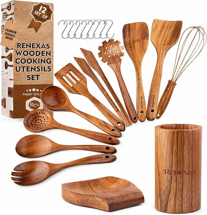 12-Piece Teak Wooden Kitchen Utensil Set – Nonstick Safe Cooking Spoons & Spatulas, Heat Resistant, Durable Natural Wood, Comfortable Grip Handles
