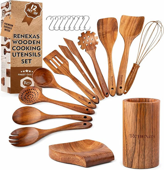 12-Piece Teak Wooden Kitchen Utensil Set – Nonstick Safe Cooking Spoons & Spatulas, Heat Resistant, Durable Natural Wood, Comfortable Grip Handles