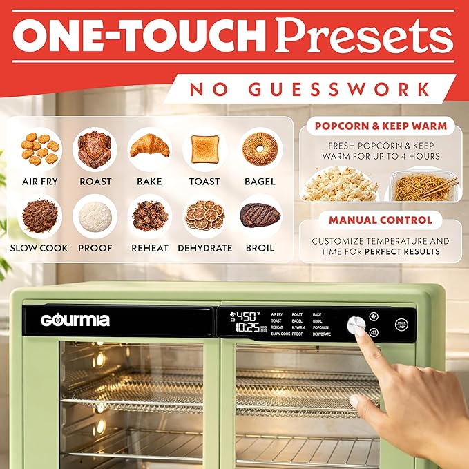 Gourmia French Door Air Fryer Oven - 37 Qt Large Capacity Convection Toaster Oven, FryForce 360°, Digital Display, 12 Cooking Presets, Dehydrate, Fits 13” Pizza, Dishwasher-Safe, Green