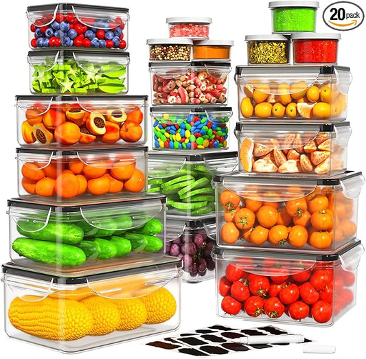 HOMETALL 40 PCS Food Storage Containers with Lids Airtight, 100% Leakproof Plastic Meal-Prep Containers Reusable(20 Containers & 20 Lids),Microwave and Dishwasher Safe, Includes Labels & Pen