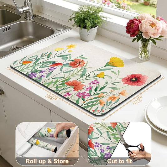 LOKHOM Dish Drying Mat for Kitchen Counter, 12"x20" Absorbent Coffee Bar Mat with Spring Floral, Dish Drainer Rack Mat for Kitchen Counter Coffee Maker, Dining Room Decoration