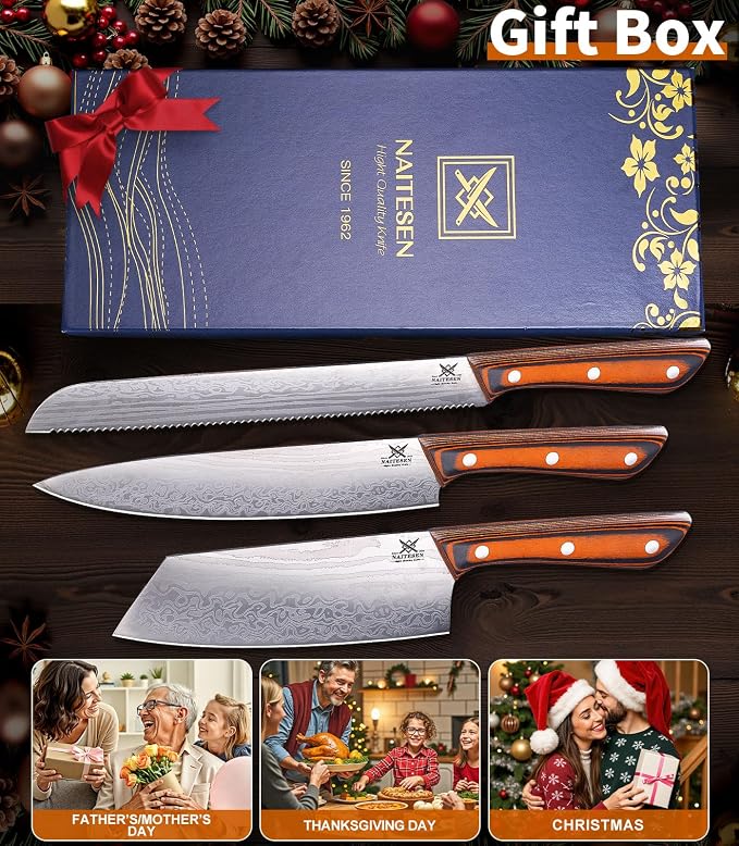 Naitesen 3PCS Professional Kitchen Knife Set,Very Sharp Meat Cleaver Chef Knife Serrated Bread Knife for Meat Vegetable Cutting Home Cooking Gifts for Men Women