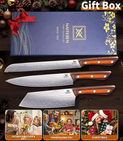 Naitesen 3PCS Professional Kitchen Knife Set,Very Sharp Meat Cleaver Chef Knife Serrated Bread Knife for Meat Vegetable Cutting Home Cooking Gifts for Men Women