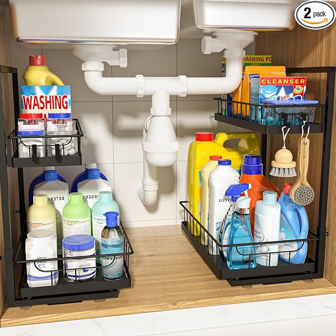 WOWBOX Under Sink Organizer 2 Pack, 2-Tier Cabinet Organizer for Kitchen, Bathroom, Slide Out Drawer Under Sink Organizers and Storage, Metal Organizing Rack for Pantry, Cabinet, Closet