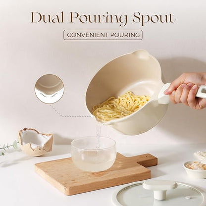 PRICUSIS Ceramic Nonstick Saucepan with Lid, 3 Quart Non Toxic Pot with Pour Spouts, Full Coated, 100% Dishwasher Safe, Induction Compatible, PTFE PFAS & PFOA Free, Coconut White