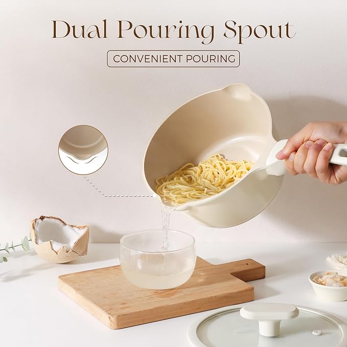 PRICUSIS Ceramic Nonstick Saucepan with Lid, 2.7 Quart Non Toxic Pot with Pour Spouts, Full Coated, 100% Dishwasher Safe, Induction Compatible, PTFE PFAS & PFOA Free, Coconut White