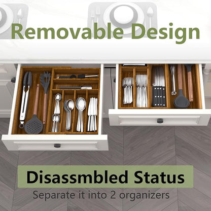Suli Large Silverware Drawer Organizer, Acacia Wood Adjustable Kitchen Flatware for Forks Knives and Spoons, Cutlery Utensil Holder, Expandable from 22in-37in