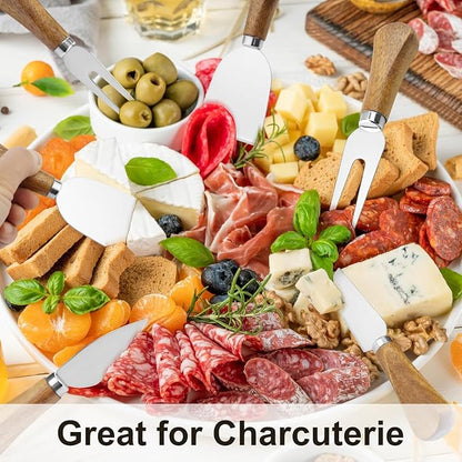6-Piece Stainless Steel Cheese Knife Set with Slicer, Cutter, Fork and Spreader, Ideal for Charcuterie Boards and Elegant Cutlery Gift Collection (Acacia-Box)