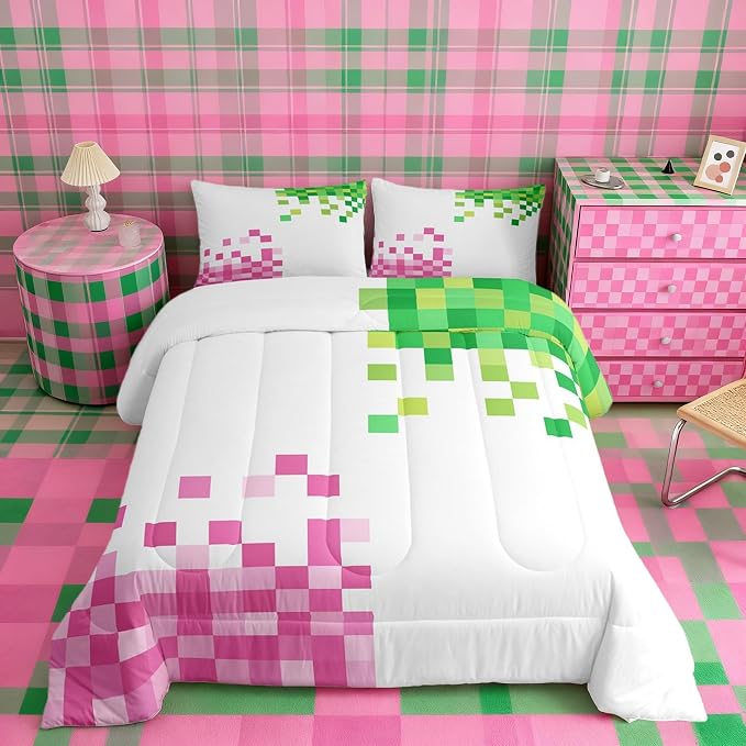 Manfei Pixelated Style Comforter Set Queen Size,Gamepad Miners Video Games Duvet Insert Adults Bedroom Decor,Miners Lattice Bedding Set,Pink Green Ultra Soft Microfiber Inner Fill 3Pcs Bedding