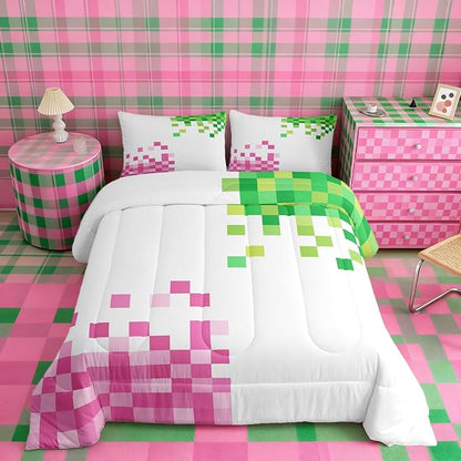 Manfei Pixelated Style Comforter Set Queen Size,Gamepad Miners Video Games Duvet Insert Adults Bedroom Decor,Miners Lattice Bedding Set,Pink Green Ultra Soft Microfiber Inner Fill 3Pcs Bedding