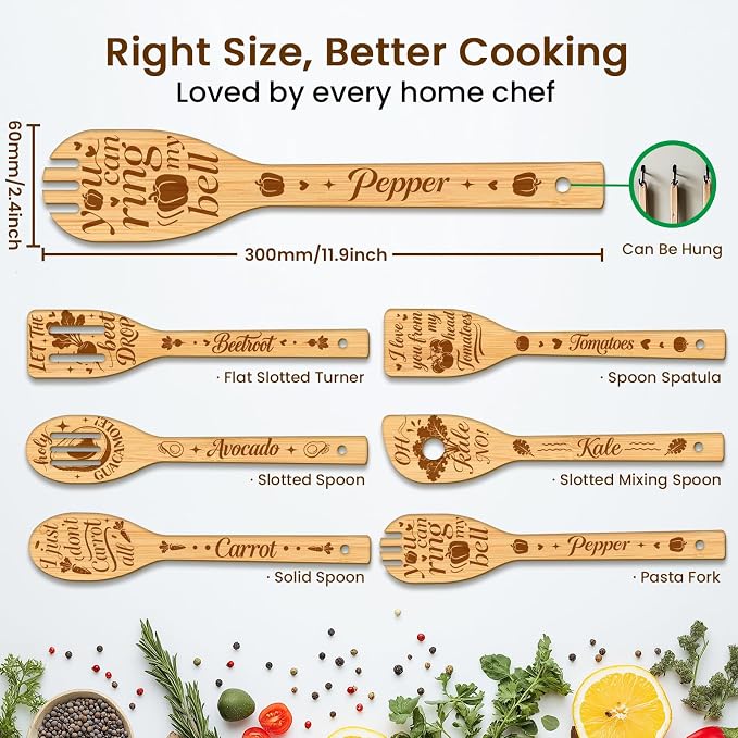 CUTHOLLOW 6PCS Vegetables Wooden Kitchen Cooking Utensil Set, 11.9in Non Toxic Bamboo Wood Spoon Set for Cooking, Best Housewarming Birthday Thanksgiving Christmas Gift for Women Mother
