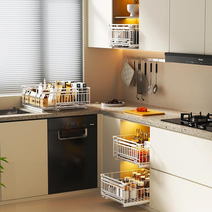 NETEL 2 Pack Expandable Pull Out Cabinet Organizer, Raised 6.69" guardrail, Adjustable Width 13"-20.07", 3 Rails No Drill Adhesive Peel And Stick, Adhesive Pull Out Drawers for Cabinets, White