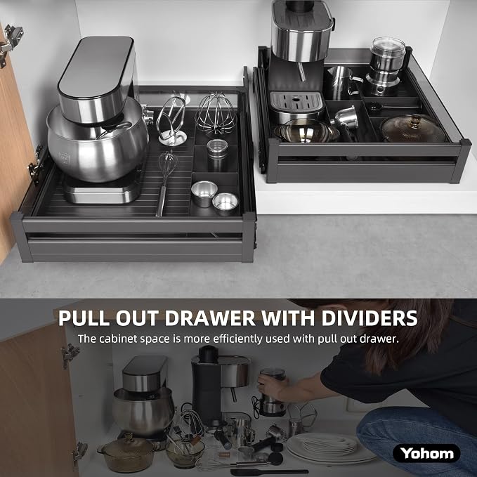 YOHOM Pull Out Cabinet Organizer – 20" W x 21" D Aluminum & Glass Drawer Organizer with Removable Dividers, Heavy Duty Pull Out Shelf for Kitchen Cabinets, Sliding Storage Tray, DIY Single Tier