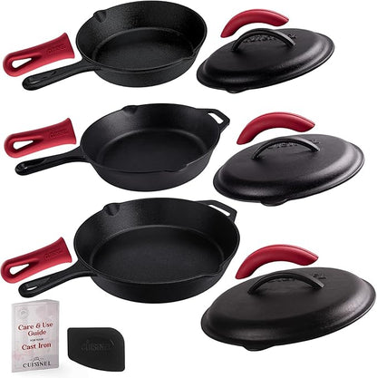 Cuisinel 12" + 10" + 8"-Inch Cast Iron Skillets Set with Braiser Lids + Silicone Handle Grips + Pan Scraper - Indoor/Outdoor Pre-Seasoned Kitchen Cookware - Oven, Fire, Stove Safe