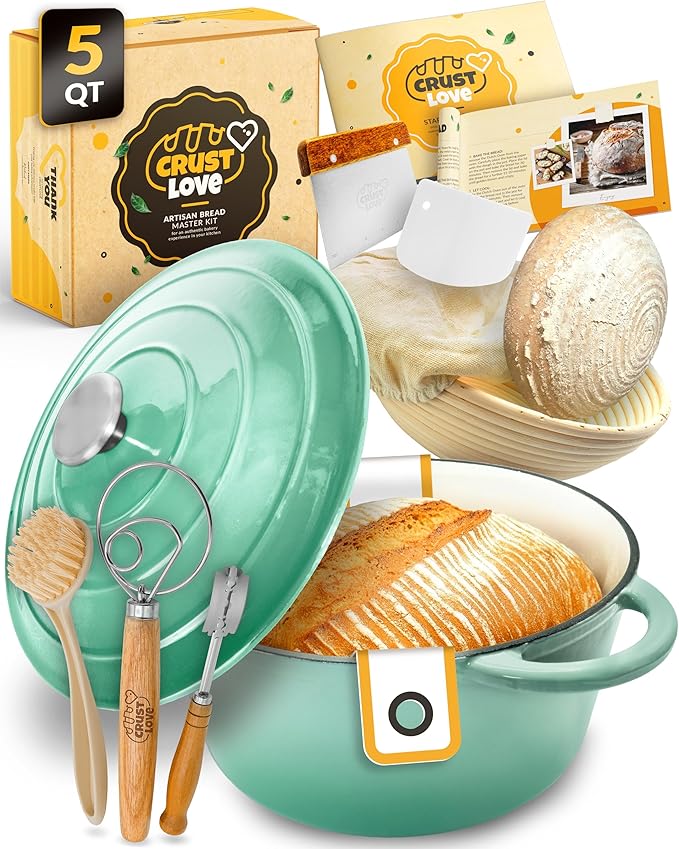 CRUSTLOVE Dutch Oven for Bread Baking - incl. Sourdough Bread-Baking Supplies like Banneton Bread-Proofing Basket - 5QT Enameled Cast Iron Bread-Oven with Lid, Baking Pan, Scoring Tool Lame