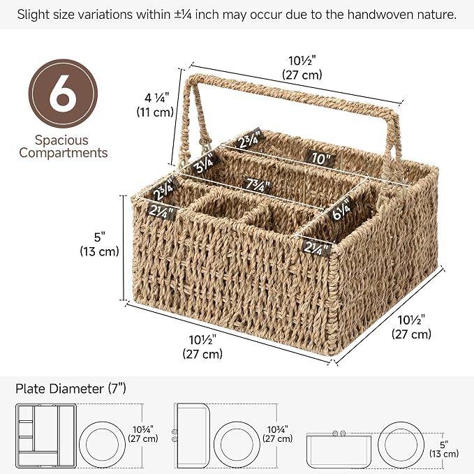 StorageWorks Wicker Silverware Organizer with Handle, Seagrass Kitchen Utensil Holder, Large Utensil Holder for Kitchen Counter, Spoon Forks Knife Cutlery Caddy, Paper Plate Dispenser for Countertop