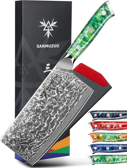 Chinese Chef Knife - 7" Cleaver Knife- Xuan Series - VG10 Damascus Steel Kitchen Knife - Resin Handle (Jade Green)