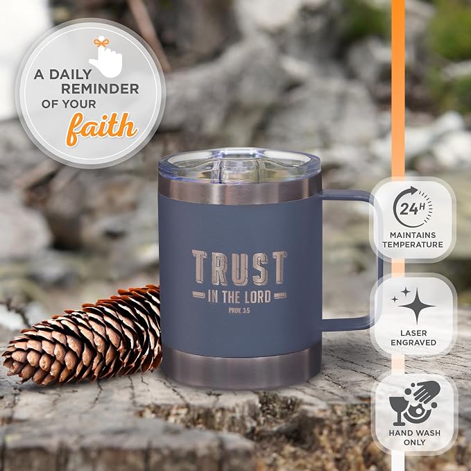 Christian Art Gifts Stainless Steel Double Wall Vacuum Insulated Camp Style Travel Mug 11 oz Gray Coffee Mug with Retractable Lid for Men/Women with Bible Verse- Trust In The Lord-Proverbs 3:5