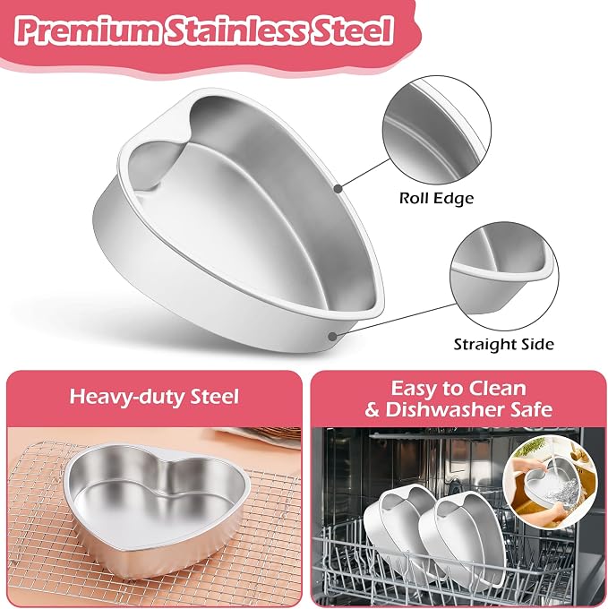 E-far 6 Inch Heart Cake Pan, 2Pcs Stainless Steel Small Heart Shaped Cake Mold, Cake Tin Baking Pan for Valentine's Day Anniversaries Wedding, Non-Toxic & Dishwasher Safe