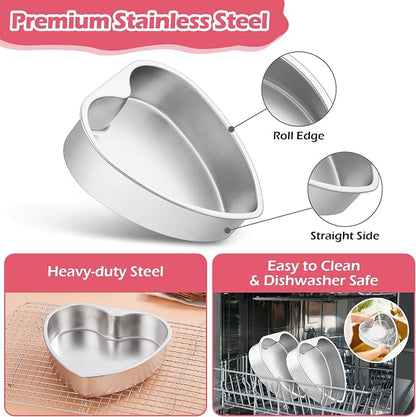 E-far 6 Inch Heart Cake Pan, 2Pcs Stainless Steel Small Heart Shaped Cake Mold, Cake Tin Baking Pan for Valentine's Day Anniversaries Wedding, Non-Toxic & Dishwasher Safe