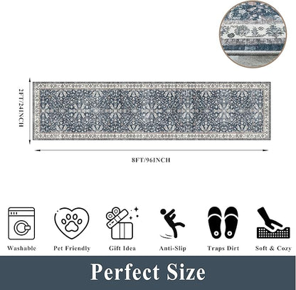 2x8ft Washable Non Slip Kitchen Rugs – Boho Floral Stain-Resistant Low-Pile Floor Carpet Runner for Hallway, Bathroom, Bedroom, Entryway (Blue, 2x8)