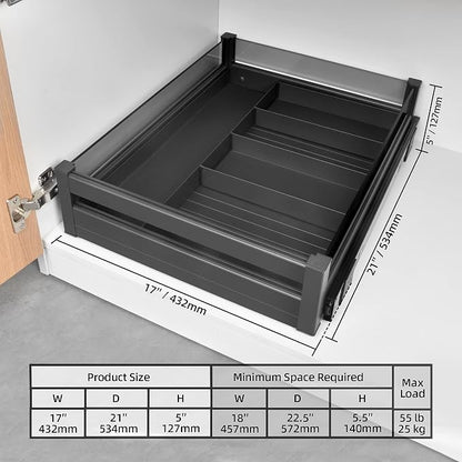 YOHOM Pull Out Cabinet Organizer – 17" W x 21" D Aluminum & Glass Drawer Organizer with Removable Dividers, Heavy Duty Pull Out Shelf for Kitchen Cabinets, Sliding Storage Tray, DIY Single Tier