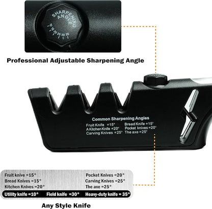 5-Angle Adjustable 10-35 Degree Professional 4-Stage Knife Sharpener, with Cut-Resistant Glove, with Scissors Grinding Slot - Multi-Purpose Precision Tool for Kitchen, Home, Outdoors (Black)