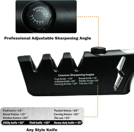 5-Angle Adjustable 10-35 Degree Professional 4-Stage Knife Sharpener, with Cut-Resistant Glove, with Scissors Grinding Slot - Multi-Purpose Precision Tool for Kitchen, Home, Outdoors (Black)