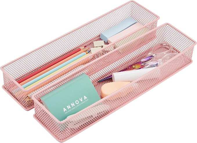 Annova Mesh Stackable Drawer Cabinet and Shelf Organizer Bins Storage Basket School Office Supply Holder Tray- Set of 2 (Light Pink, 3x12x2 Inch)