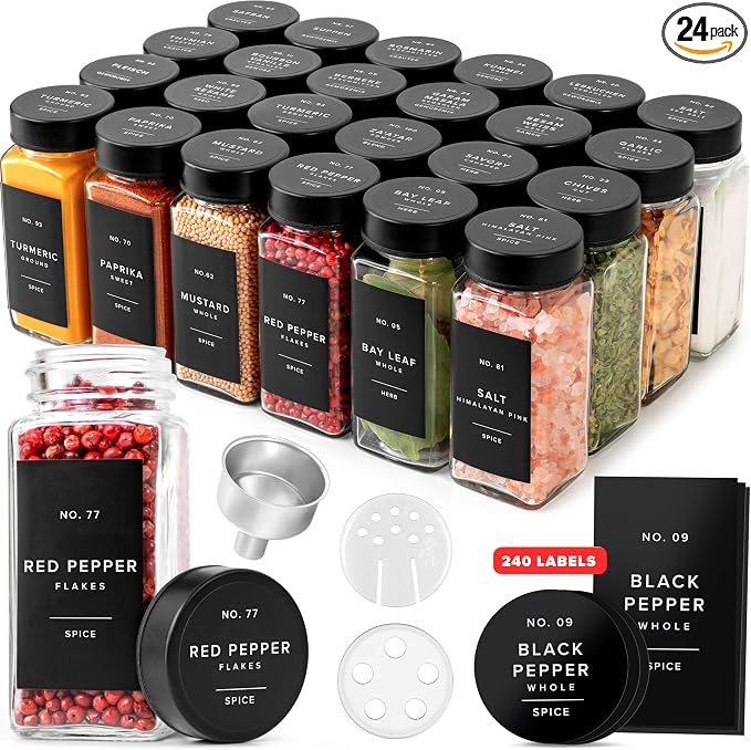 EDELHAUS Glass Spice Jars with Label and Black Lids (24 x 4oz) Spice Containers with 240 Labels, Shaker Inserts, Steel Funnel, Empty Square Seasoning Organizer for Spice Rack, Cabinet, Drawer