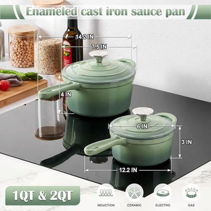 E-far 1Qt & 2Qt Sauce Pan Set, Enameled Cast Iron Saucepans Pot with Self-basting Lids, Heavy Duty Small Dutch Oven for Stove, Induction-Ready & Easy Clean, Pistachio Green