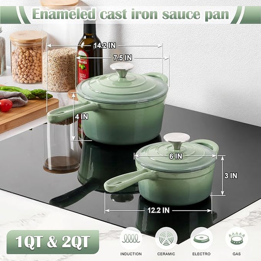 E-far 1Qt & 2Qt Sauce Pan Set, Enameled Cast Iron Saucepans Pot with Self-basting Lids, Heavy Duty Small Dutch Oven for Stove, Induction-Ready & Easy Clean, Pistachio Green