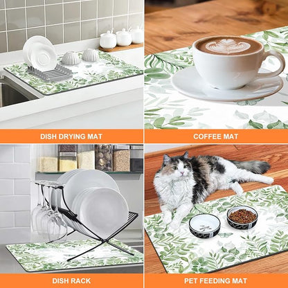 LOKHOM Dish Drying Mat for Kitchen Counter, 17"x32" Absorbent Mat with Green Plant & Butterfly Pattern, Drain Rack Mat for Counter Coffee Maker, Dining Room Decor